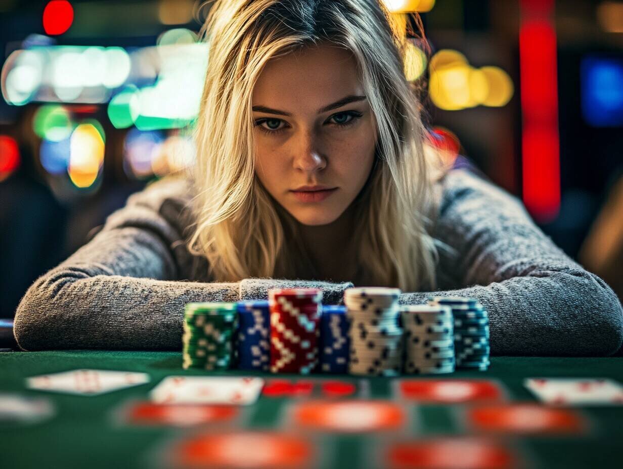 Young woman confidently playing poker at WJ888